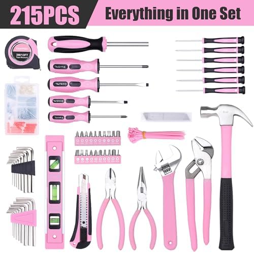 FASTPRO 215-Piece Home Repairing Tool Set with 12-Inch Wide Mouth Open Storage Bag, Household Hand Tool Kit,Red