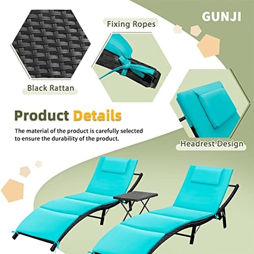 GUNJI Lounge Chairs for Outside 3 Pieces Patio Adjustable Chaise Lounge Outdoor Wicker Lounge Chairs Set of 2 with Table Folding Chaise Lounger for