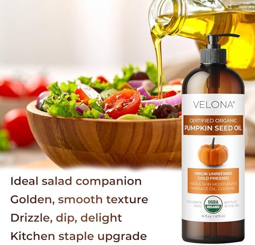 velona Pumpkin Seed Oil USDA Certified Organic - 16 Fl Oz | 100% Pure and Natural Carrier Oil | Unrefined, Cold Pressed | Cooking, Face, Hair