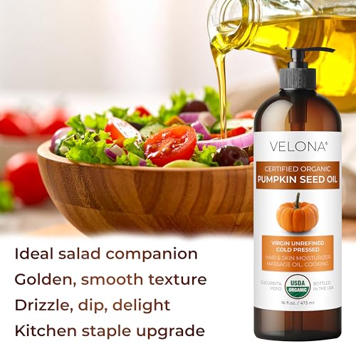 velona Pumpkin Seed Oil USDA Certified Organic - 32 fl oz | 100% Pure and Natural Carrier Oil | Unrefined, Cold Pressed | Cooking, Face, Hair