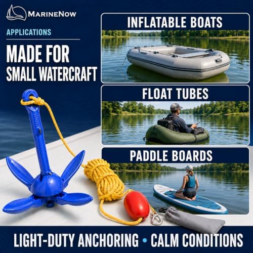 1/2 lb Aluminum Folding Grapnel Anchor Kit with 15 ft Marine-Grade Rope, Float, Snap Hook & Padded Bag for Inflatable Boats, Canoes, & Float Tubes