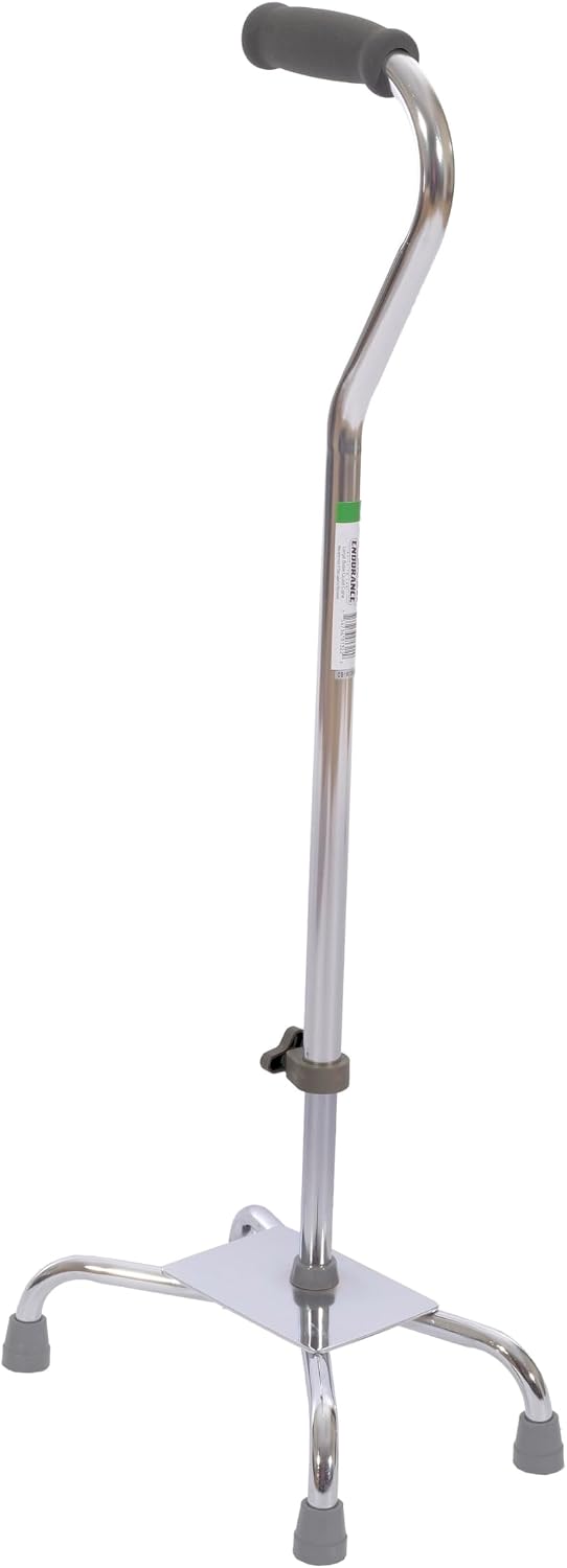 Essential Medical Supply Large Base Quad Cane in Silver - Height Adjustable Walking Cane