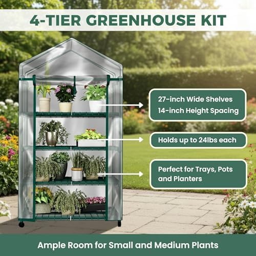 4 Tier Mini Greenhouse - Portable Greenhouse with Locking Wheels and PVC Cover for Indoor or Outdoor Green House by Pure Garden