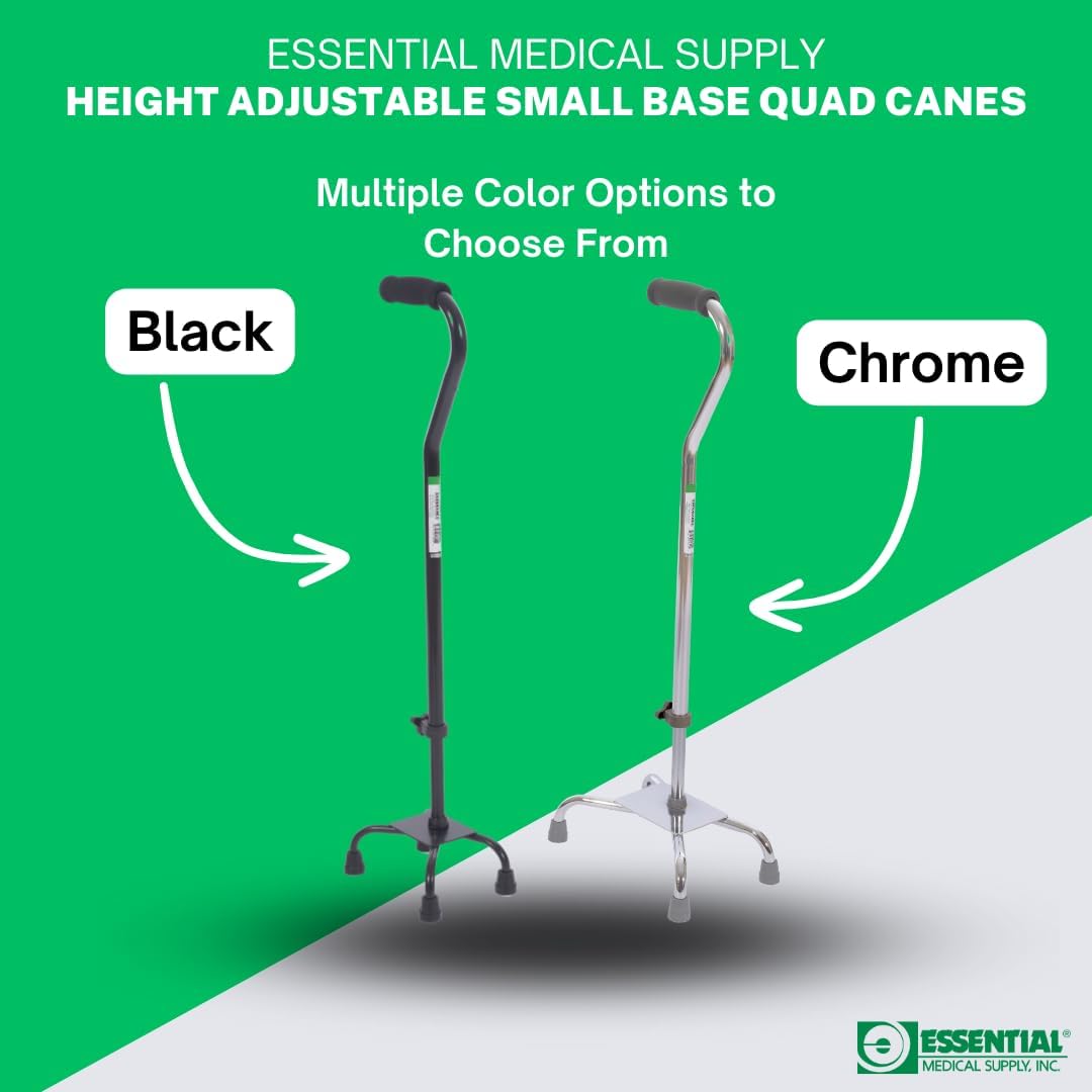 Essential Medical Supply Small Base Quad Cane in Black - Height Adjustable Walking Cane, Sturdy and Durable Walking Cane for Improved Mobility and Stability with 4 Prong Base and Rubber Tips