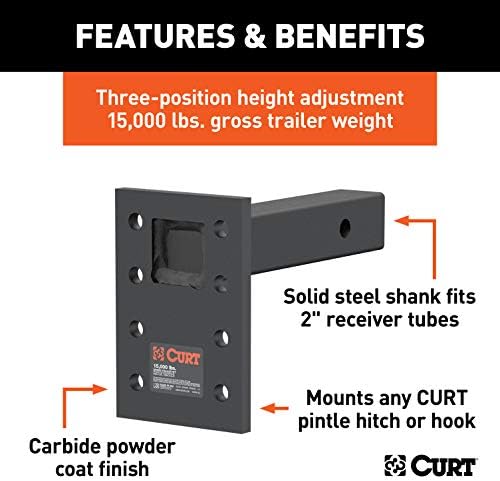 CURT 48325 Adjustable Pintle Mount for 2-Inch Hitch Receiver, 15,000 lbs., 6-1/2-Inch Drop, 8-Inch Length