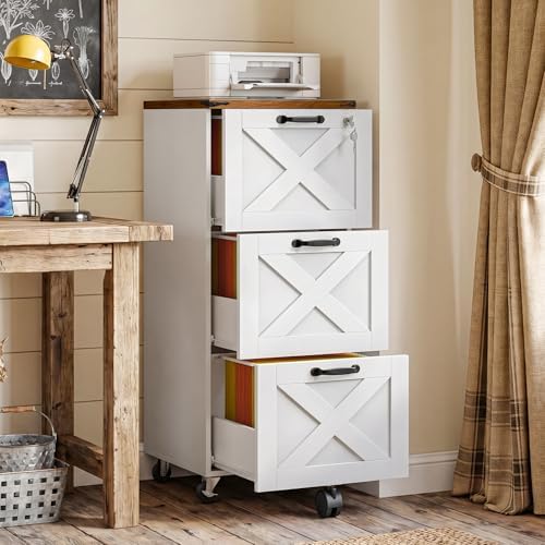 HOOBRO 3 Drawer File Cabinet with Lock, Mobile Filing Cabinet for Home Office, Wooden Farmhouse Office Storage Cabinet, Printer Stand Fits Letter and A4 Size, Walnut and White WH93WJ01G1