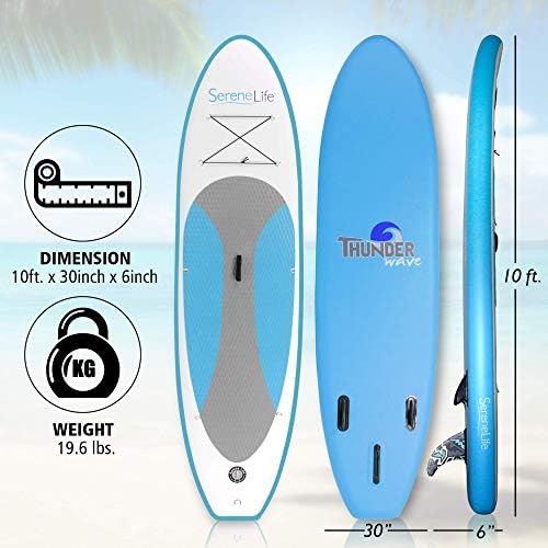 SereneLife 10’ Inflatable Stand Up Paddle Board with Premium SUP Accessories - Wide Stable Design with Non-Slip EVA Deck Pad, for Youth and Adults, 350 lbs. Capacity