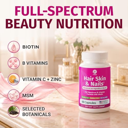 1 Body Hair Skin & Nails with Biotin, Vegan Vitamins, 60 Capsules | Look Good, Feel Confident. Supports healthy hair, skin, and nails as part of your daily beauty routine.*