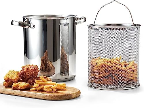 Cook N Home Basics 4-Quart Deep Fryer Pot with Basket, Japanese Tempura Small Stainless Steel Frying Pot with Oil Drip Drainer Rack, Glass Lid, Suitable for Kitchen French Fries, Chicken
