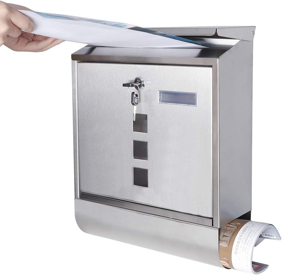 Decaller Large Capacity Mailbox with Key Lock, Wall Mount Metal Mail Box with Newspaper Compartment for Outside, 14.4" x 13" x 4.2", 938 Black