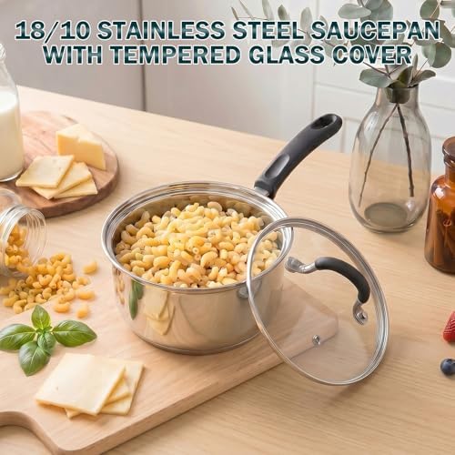 Cook N Home Professional 2 Quart Stainless Steel Saucepan with Lid, Small Kitchen Induction Cooking Sauce Pot Pan, Stay-Cool Silicone Handle, Dishwasher Safe