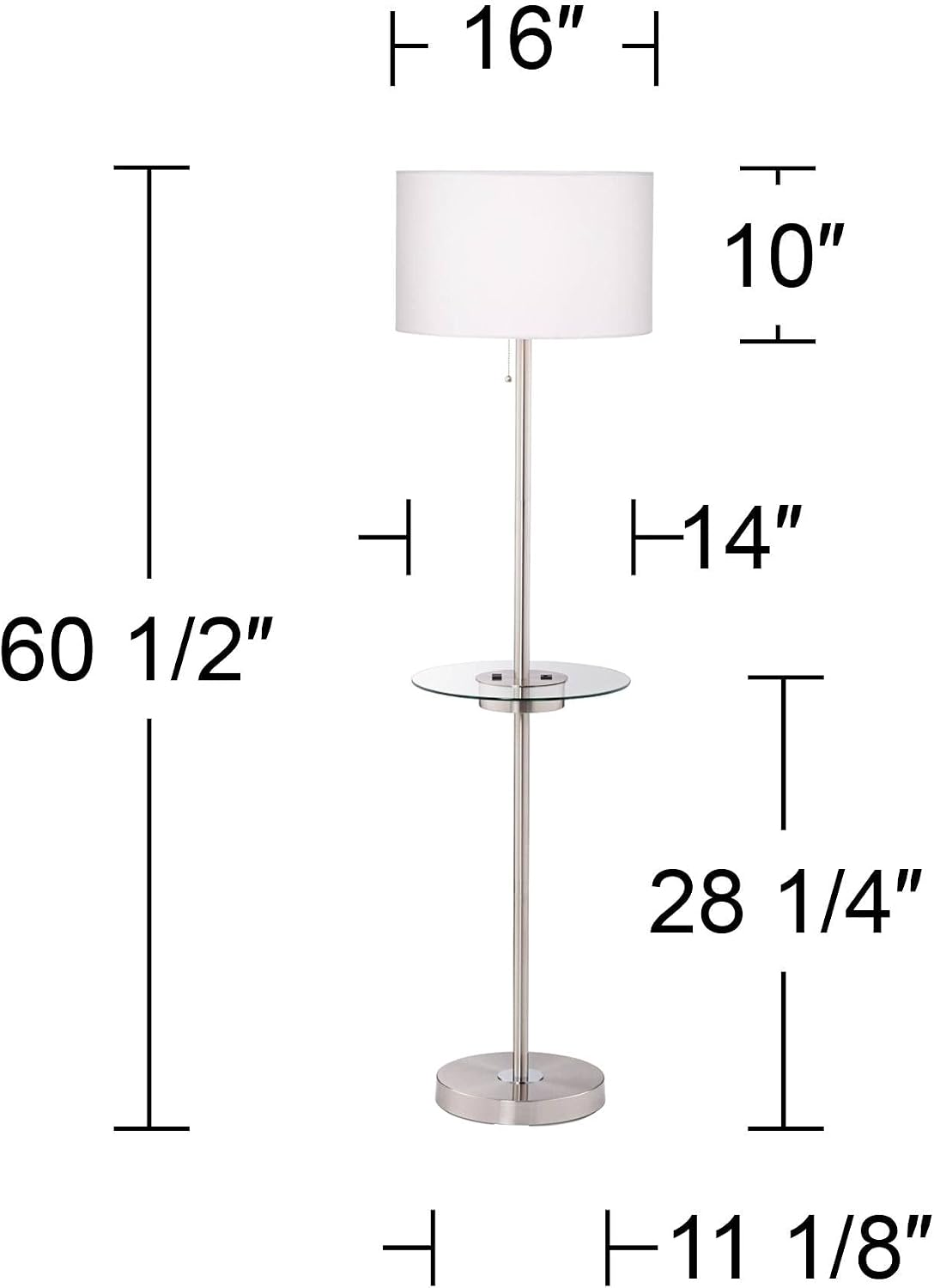 360 Lighting Caper 60 1/2" Tall Nickel Tray Table USB and Outlet Floor Lamp | Modern with AC Power on Glass 5 Satin White Fabric Drum Shade for Living Room Reading House Bedroom