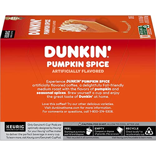 Dunkin’ Pumpkin Spice Artificially Flavored Coffee, 10 Keurig K-Cup Pods | Limited edition fall flavor, Notes of cinnamon & nutmeg sweetness
