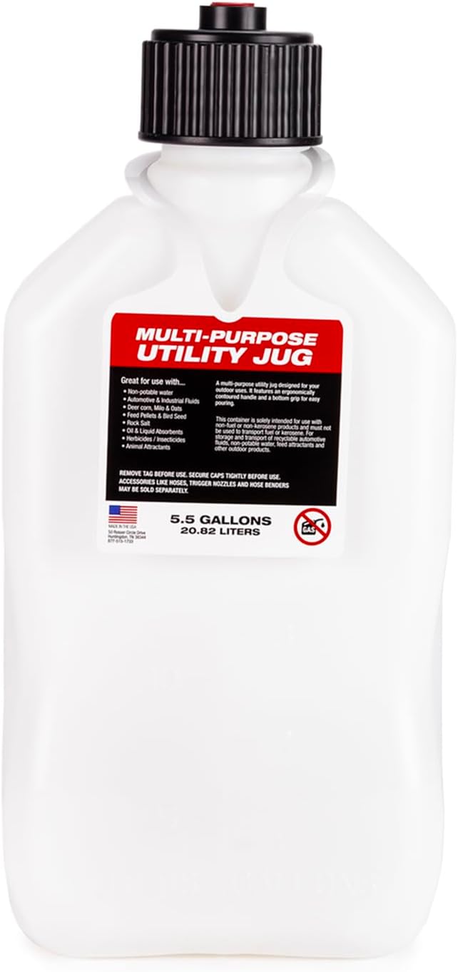 VP Racing Fuels 5.5 Gallon Motorsport Utility Container with 14 Inch Standard Hose Close Trimmed Cap and Neck for Tight Seal, White (4 Pack)