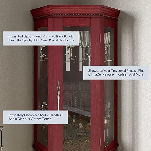 BELLEZE Lighted Wooden Corner Display Curio Cabinet, Two Section Shelving Unit with Tempered Glass Door