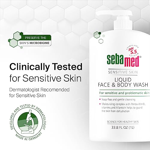 SEBAMED Paraben-Free Face and Body Wash With Pump for Sensitive and Delicate Skin pH 5.5 Ultra Mild Dermatologist Recommended Cleanser 33.8 Fluid Ounces (1 Liter) Set of 2 Value Pack, green
