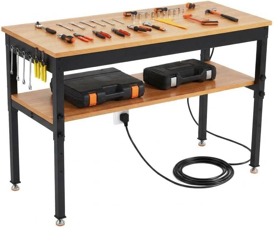 60" Work Bench with Storage Shelf, Adjustable Height Workbench, 60" x 24" Work Benches for Garage