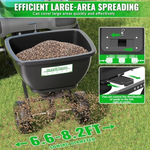 VELPAX 200LB Tow Behind Broadcast Spreader, Fertilizer Spreader Holds up to 550 lbs with 13" Pneumatic Tires and Adjustable Flow Control Lever