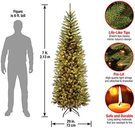 National Tree Company 7 ft Pre-Lit Kingswood Fir Slim Artificial Christmas Tree, 300 Warm White LED Lights, 892 Tips, Includes Stand