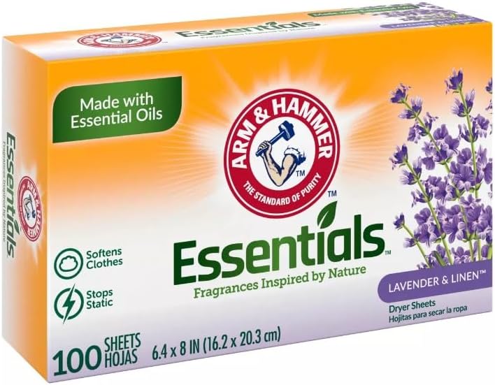 ARM & HAMMER Fabric Softener Sheets, 100 sheets, Lavender and White Linen (Pack of 6-600 Sheets Total)