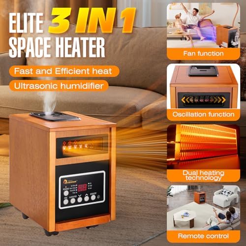 DR. INFRARED HEATER DR-998, 1500W Dual Heating Infrared Space Heater with Humidifier, Oscillation, Remote Control, Thermostat & Safety Protection, Portable with Wheels, Energy Efficient, Cherry