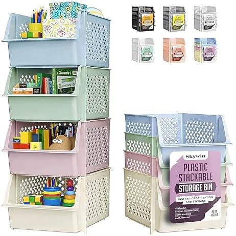Skywin Stackable Storage Bins Open Front for Pantry Storage, 4 Pack - Black