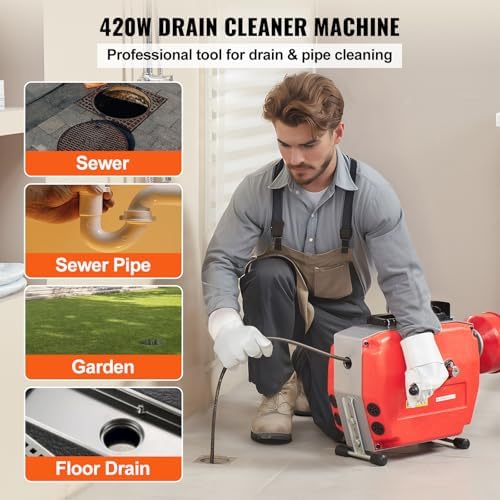 VEVOR 66FT x 5/8 Inch Drain Cleaner Machine, 250W Electric Sewer Snake Auger Manual Feed - with 7 Cutters, 2 Steel Cables (66' x 5/8" and 15' x 3/8")& CW/CCW Control for 1.6" to 4" Pipes