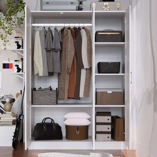 Fenghua Lizhi 3 Doors Wooden Wardrobe Closet Armoire, White Storage Cabinet for Hanging Clothes, Bedroom Large Capacity Freestanding Armoire,Wood Wardrobe Combination with Shelves