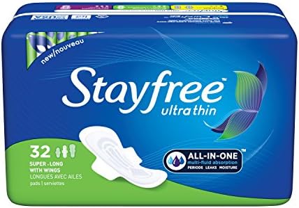 Stayfree Ultra Thin Super Long Pads with Wings For Women, Reliable Protection and Absorbency of Feminine Moisture, Leaks and Periods, 32 count