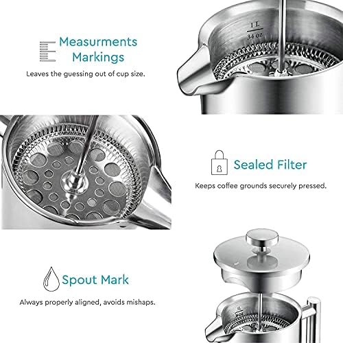 French Press Coffee Maker - 50oz Stainless Steel, Insulated Coffee Press | Large 6 Cup 50oz Capacity, Double Wall Keeps Coffee Hot, 4 Level Filter for Ground Free Coffee, 2 Extra Filters, Matte Black