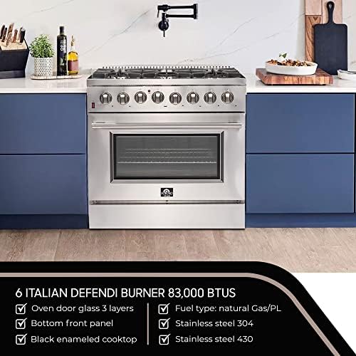 FORNO Galiano Dual Fuel 36" Inch. Freestanding Range 6 Sealed Brass Burners Cooktop - 5.36 Cu. Ft. Convection Electric Oven - Stainless Steel Stove