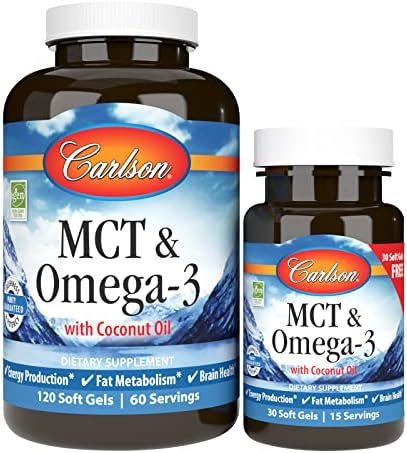 Carlson MCT & Omega-3, Keto-Friendly, Coconut Oil, 120 + 30 Softgels | Medium Chain Triglycerides, Caprylic & Capric Acids, EPA and DHA
