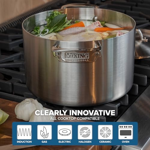 Viking 3-Ply Pots and Pans Set, 17 Piece Stainless Steel Cookware Glass Lids, Steamer Insert, Silver