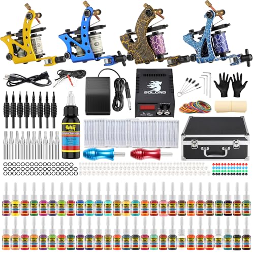 Solong Complete Tattoo Kit 4 Pro Machine Guns 54 Inks Power Supply Foot Pedal Needles Grips Tips Carry Case TK456-US（Machine color random）
