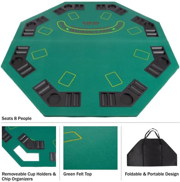 Folding Poker Table Top – 48-Inch Solid Wood Topper – Space for 8 Players – Blackjack Table with Built-in Cupholders and Chip Trays by