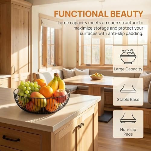 Yesland 2 Pack Metal Wire Fruit Basket- 11 Inches Black Kitchen Countertop Fruit Bowl Vegetable Holder for Bread, Snacks