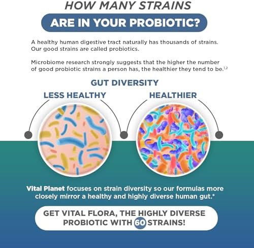 Vital Planet - Vital Flora Ultra Daily Probiotic 60 Billion CFU, 60 Diverse Strains, 7 Organic Prebiotics, Immune Support