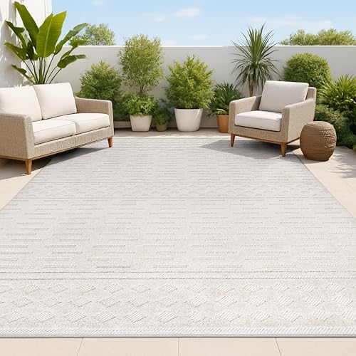 JONATHAN Y Moroccan Geometric Indoor Outdoor Area Rug 3X5 Beige, Xlendi High-Low Pile for Backyard, Patio, Porch, Easy-Cleaning, High Traffic