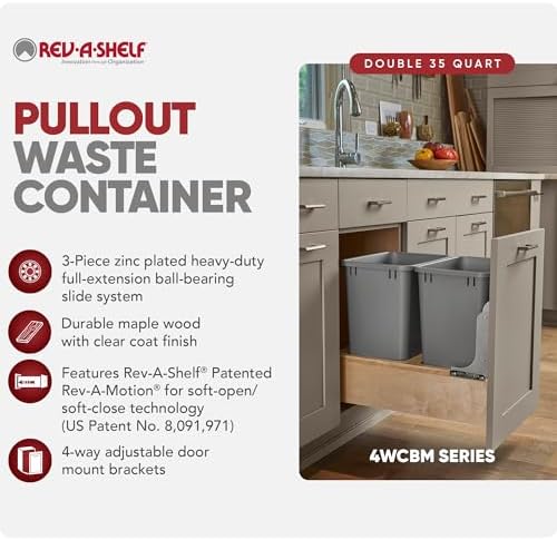 Rev-A-Shelf 35 Qt Bottom Mount Single Pullout Under Cabinet Kitchen Trash Cans for Base Cabinets, 150 Pound Rated Full-Extension Slides, Min Opening Width of 11.5", Silver, 4WCBM-15DM-1