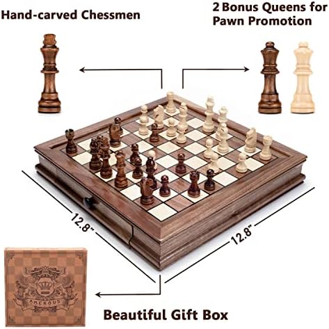 AMEROUS Magnetic Wooden Chess Set, 12.8" x 12.8" Walnut Chess Board Game with 2 Built-in Storage Drawers - 2 Bonus Extra Queens - Chess for Beginner