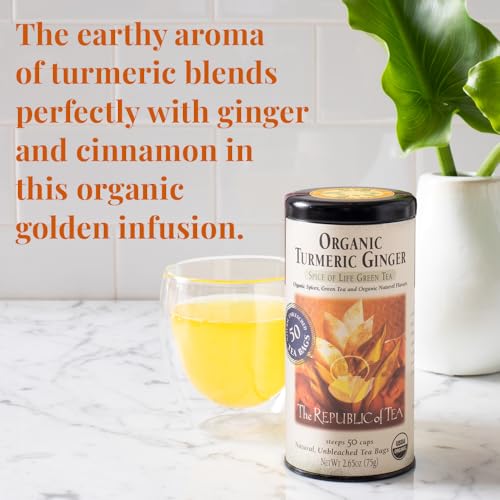 The Republic of Tea Organic Turmeric Ginger Green Tea, Low Caffeine, 50 Ct | A gentle cup for everyday sipping. Fresh and lightly vegetal with notes of warming spice and sweet cinnamon.