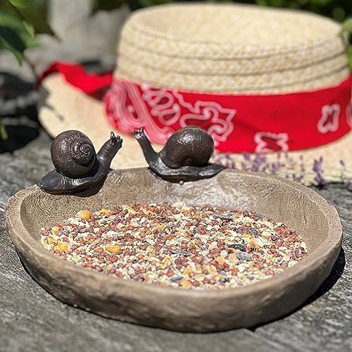 Bird Bath with 2 Snails, Off White Stone Finished Basin and Brown, All Weather Poly Resin, 8 1/4 inches Diameter (21cm)