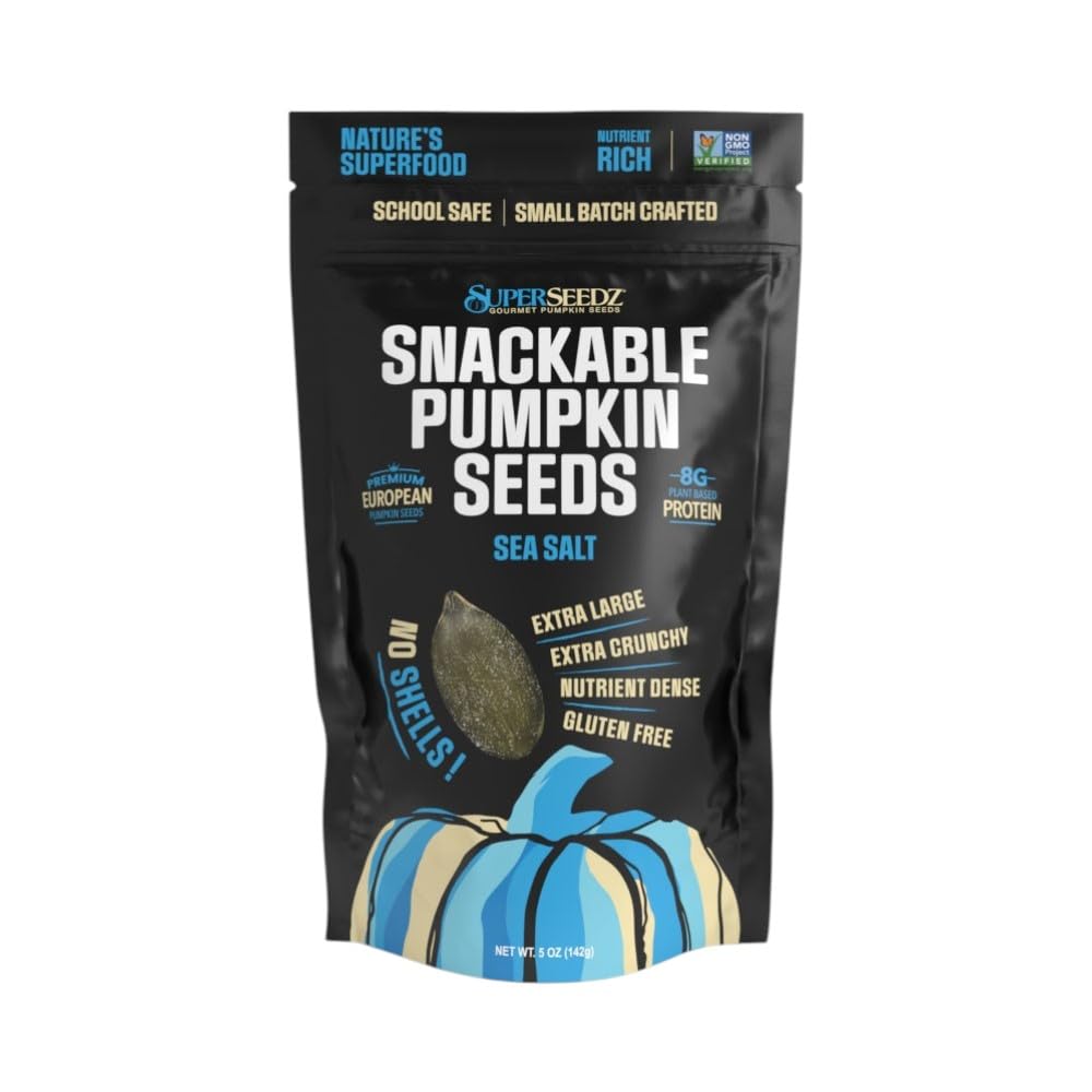 SuperSeedz Dry Roasted Pumpkin Seeds with Sea Salt w/8g Protein (5oz Bag) | Nn-GMO, Gluten-Free, Keto Snacks – Nut-Free & School Friendly Organic Pumpkin Seeds – Large European No Shell Pepitas