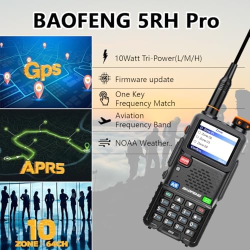 BAOFENG BF-5RH PRO GPS/APRS 10Ｗ Ham Handheld Radio, Multi-Band Long Range Two-Way Radio with 18.89'' Tactical Antenna