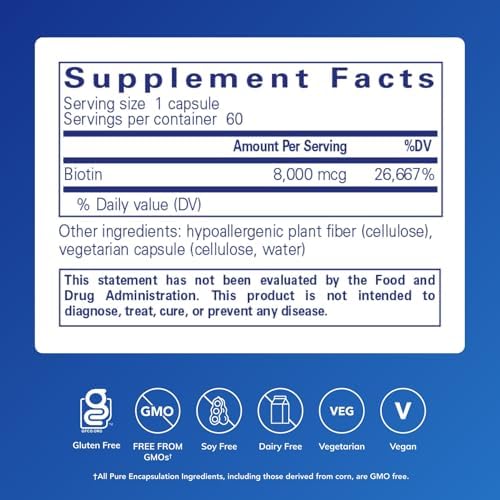 Pure Encapsulations Biotin 8 mg - B Vitamin Supplement to Aid Stress Relief, Hair, Skin & Nail Strengthening, Metabolism, Carbohydrate Support & Nervous System* - with Premium Biotin - 120 Capsules | B Vitamin Supplement for Stress Relief, Hair, Skin, an…