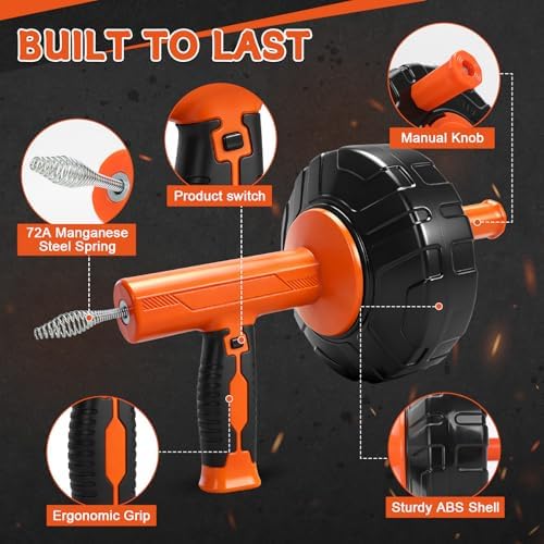 45 FT Drain Snake Auger Manual & Drill Powered Auto Retract | Drill Attachment Adapter, Automatic Feed & Retract Cable