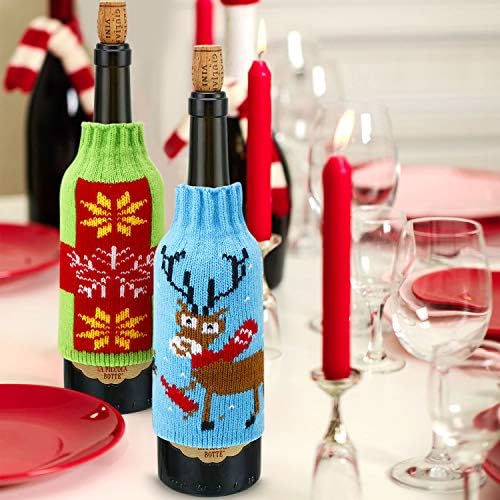 Boao 6 Sets Christmas Wine Bottle Cover and Hats Decoration Handmade Ugly Sweater Knit Wine Bottle Dress Santa Reindeer Snowman for Christmas