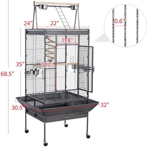 Yaheetech 69" Large Bird Cage, Rolling Parrot Cage for Parakeets Cockatiels | Play Top with Ladder & Feeders, Slide-Out Tray, Rolling Stand