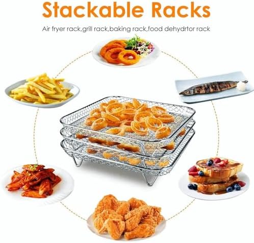 7 Inch Air Fryer Rack Compatible with Ninja Crispi/Ninja Pro 5QT/ Cosori 5QT/ Chefman 5-6QT/ Instant Pot 4Qt Vortex Air fryer &More, 3pcs Stackable Stainless Steel Air fryer Basket with 8 Silicon Feet