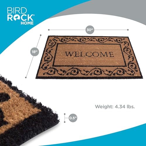 BIRDROCK HOME Welcome Coir Doormat with Scroll Border | 18 x 30 Inch | Standard Welcome Mat with Black Decorative Border | Natural Fade | Vinyl
